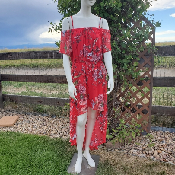 A.U.W. Red Floral Off-Shoulder High-Low Women's Dress Size Large EUC - Picture 1 of 16